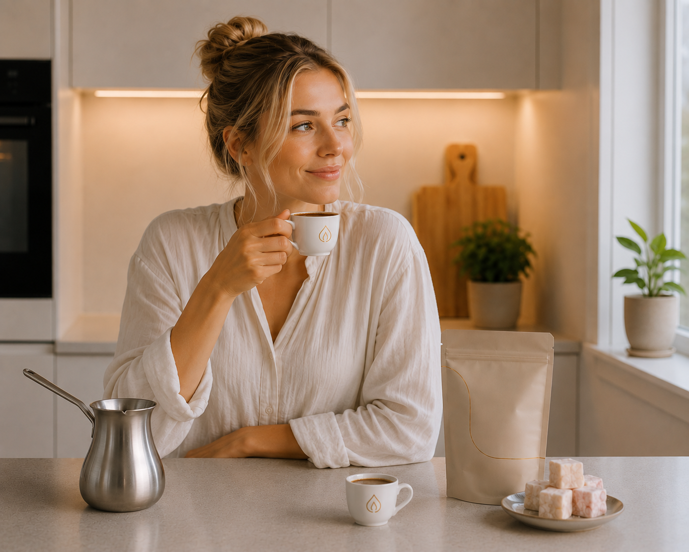 Kvinde nyder en kop tyrkisk kaffe i køkkenet