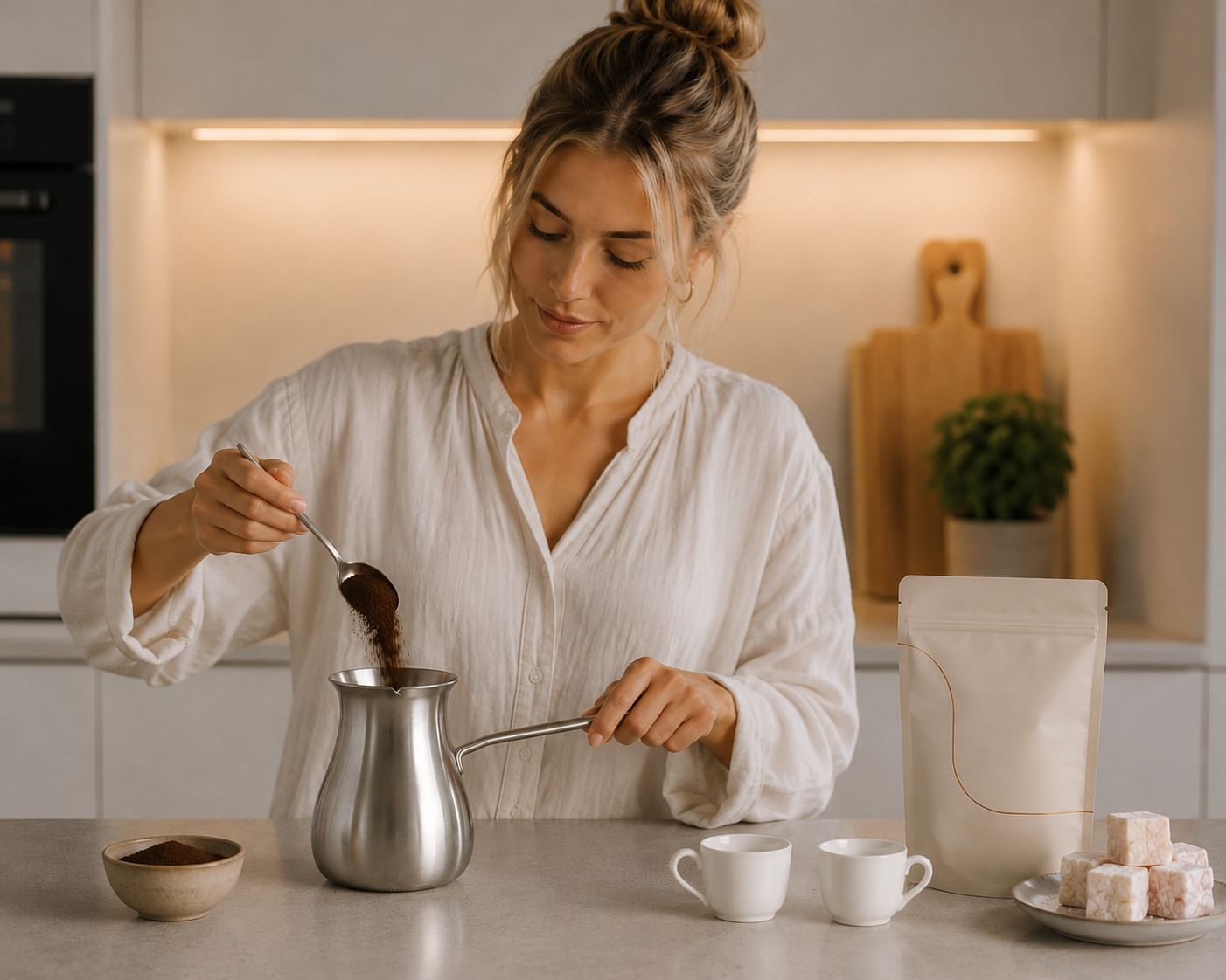 Fintmalet kaffe tilsættes cezven